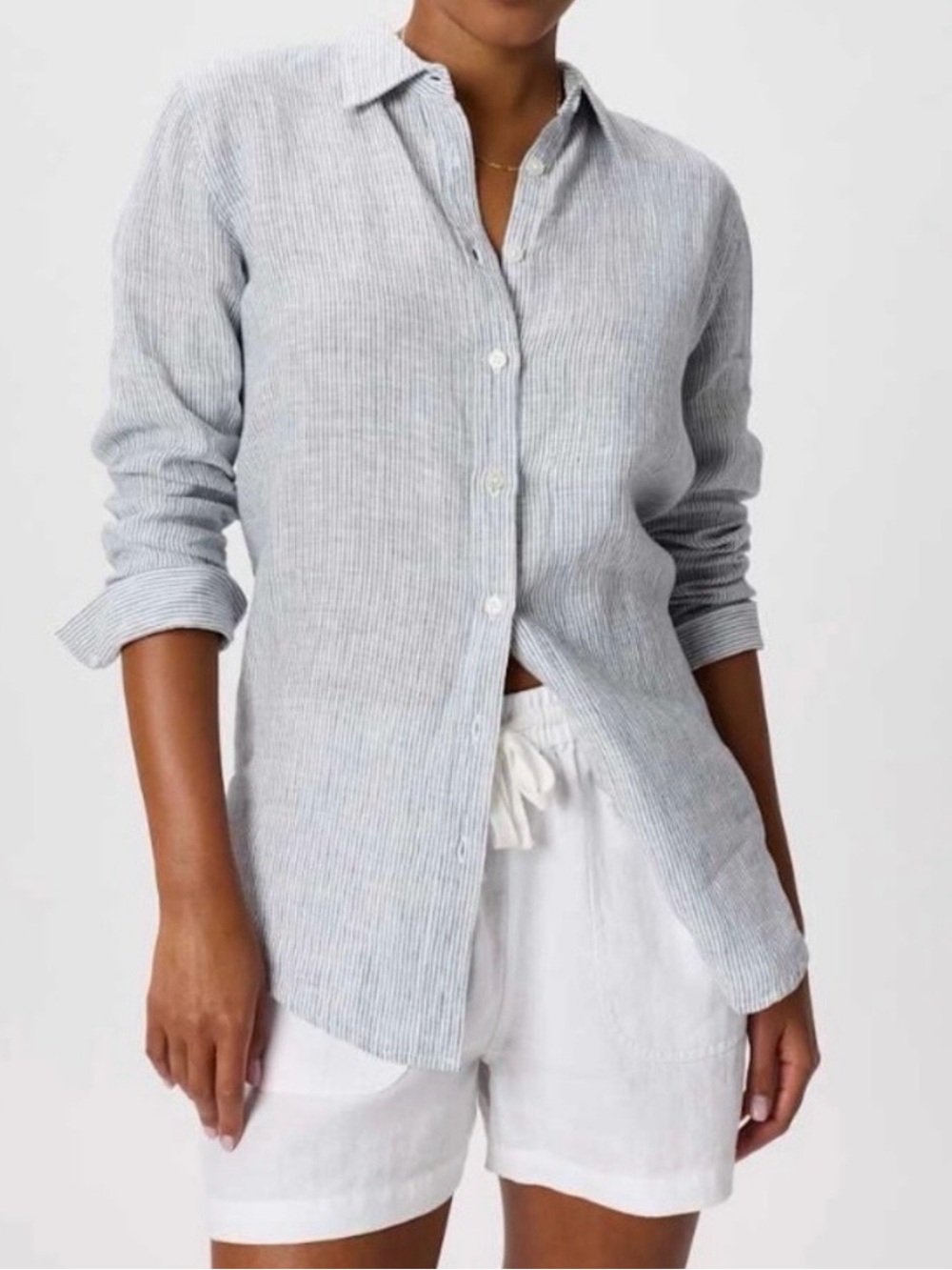 Quince 100% Linen, long sleeve shirt, blue pinstripe M NWT